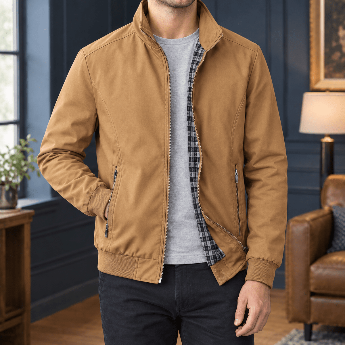 Zip Front Woven Jacket With Stand Collar - Harren Cole