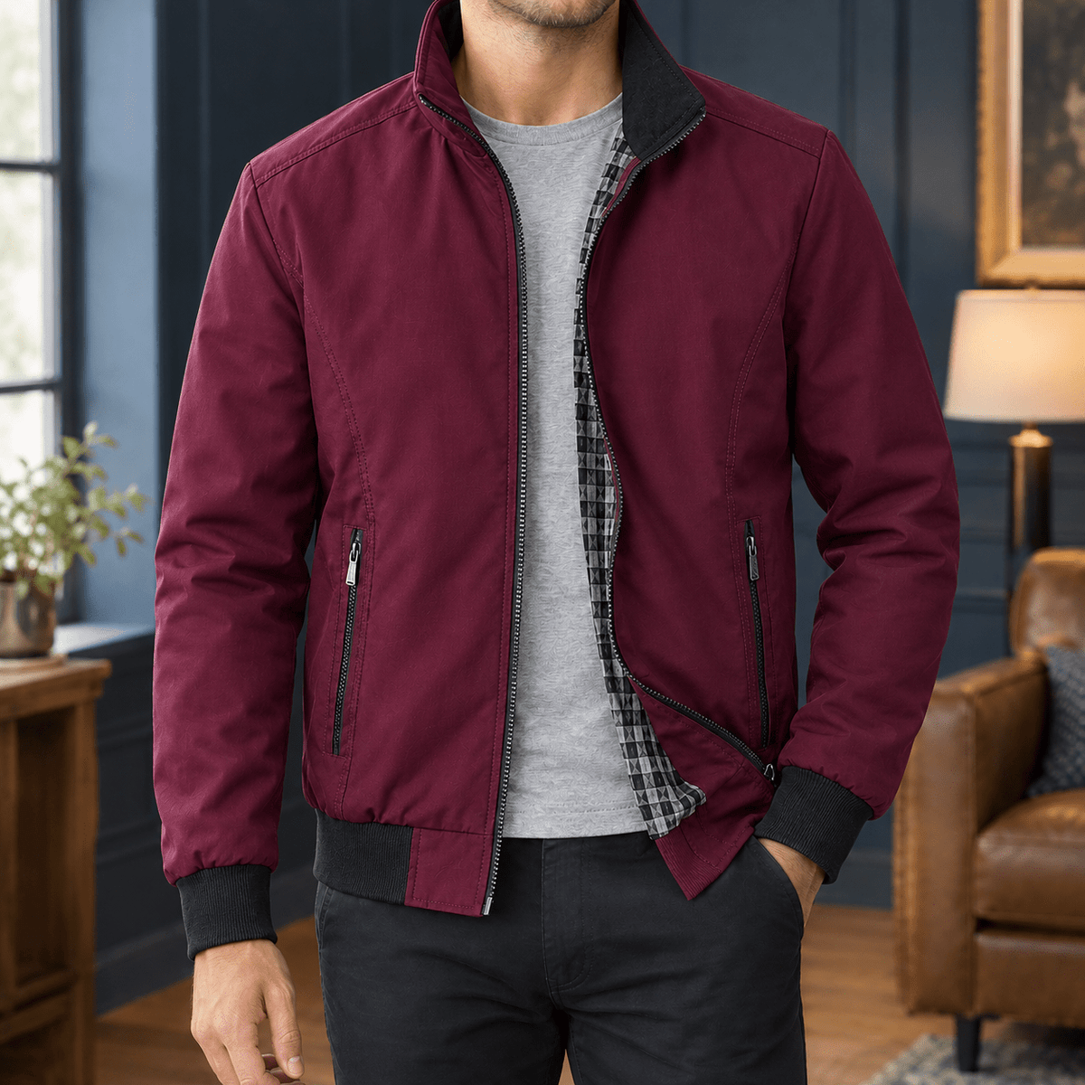 Zip Front Woven Jacket With Stand Collar - Harren Cole