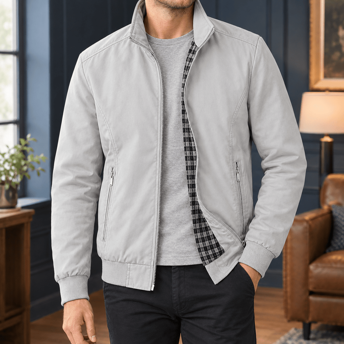 Zip Front Woven Jacket With Stand Collar - Harren Cole