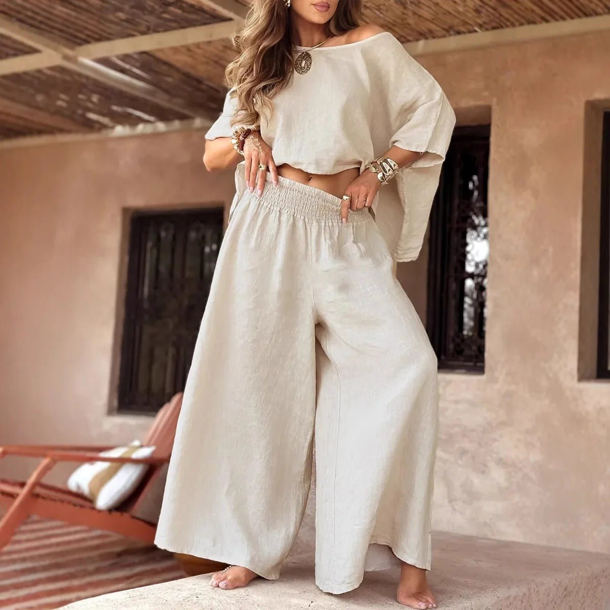Zweiteiliges Off - Shoulder Set mit weitem Bein für den Sommer - Livezo
